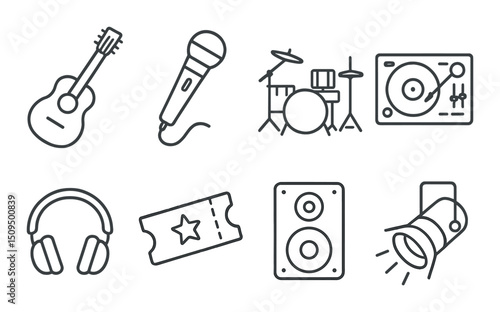 Concert and music line icons set – outline, performance and festival symbols