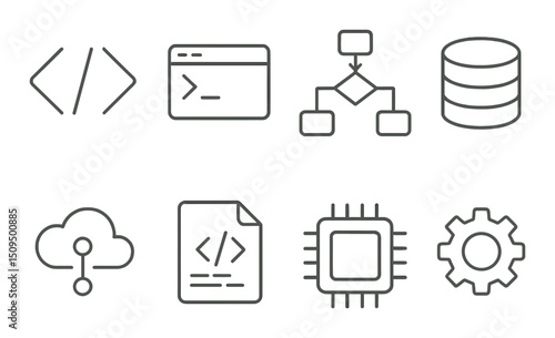 Programming and development outline icons set – linear, coding and software design symbols