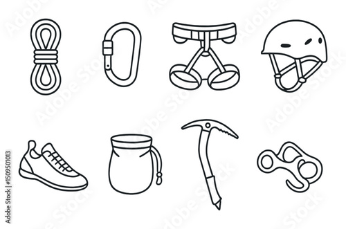 Mountain climbing gear outline icons set – silhouette, equipment and adventure symbols