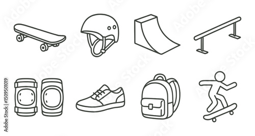 Skatepark linear icons set – outline, skateboarding and ramp sport symbols
