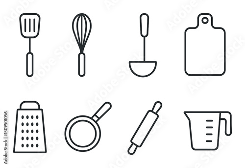 Kitchen utensils icons set - linear, cooking tools and culinary essentials
