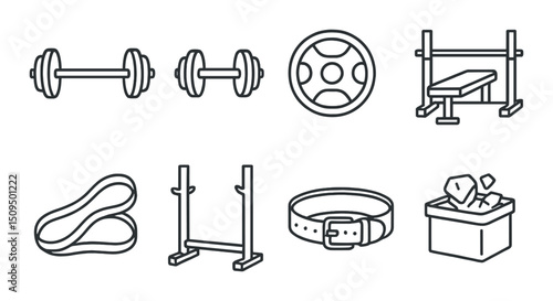 Bodybuilding linear icons set – outline, fitness and gym-related graphic symbols