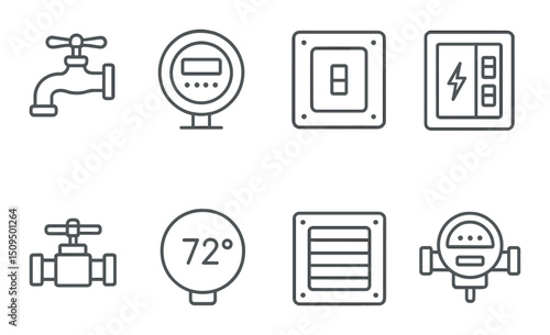Home utilities outline icons set – essential, simple and everyday energy symbols