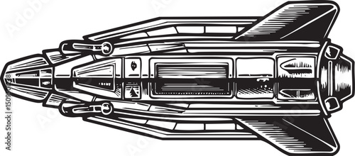 stylized black and white of a futuristic spacecraft.