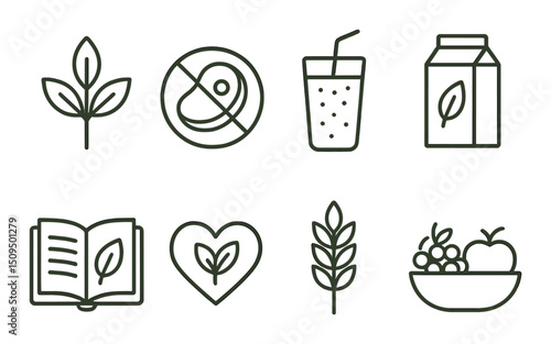 Vegan essentials line icons set – outline, plant-based and eco-friendly symbols