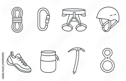 Climbing gear outline icons set – silhouette, mountaineering and hiking equipment symbols