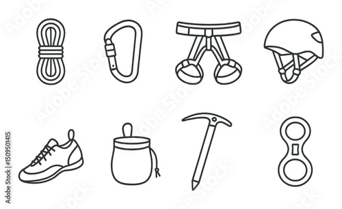 Climbing gear silhouette icons set – outline, mountaineering and hiking symbols