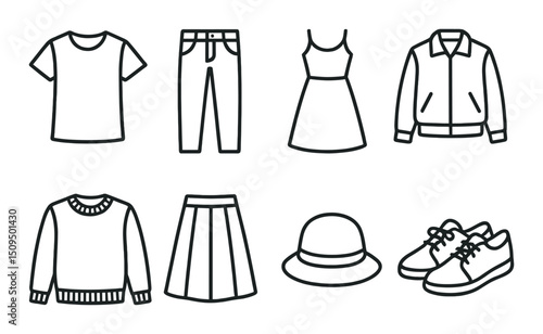 Clothing and fashion outline icons set – silhouette, apparel and garment symbols