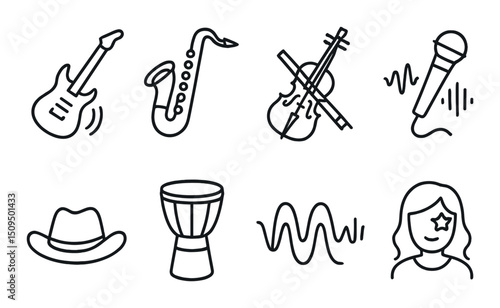 Music genres outline icons set – silhouette, instrument and melody symbols
