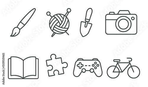 Hobby linear icons set – outline, recreation and leisure activity symbols