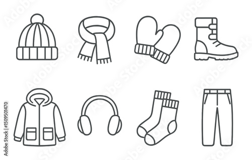 Winter clothing outline icons set – cozy, apparel and cold weather symbols