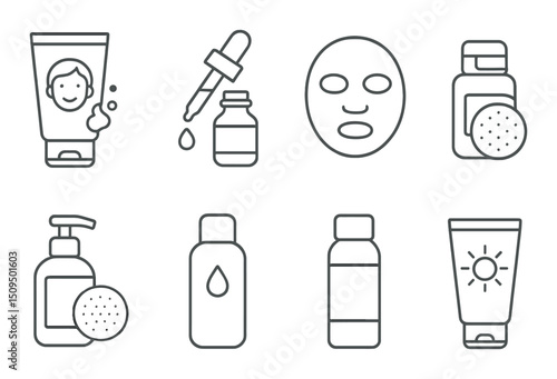 Skincare line icons set – outline, beauty and facial care symbols for design