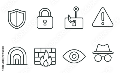 Digital security silhouette icons set – outline, protection and cybersecurity graphics