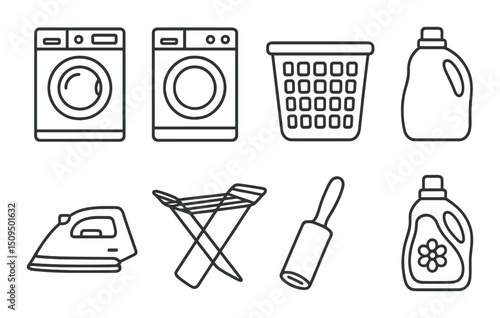 Laundry essentials outline icons set – silhouette, cleaning, household symbols