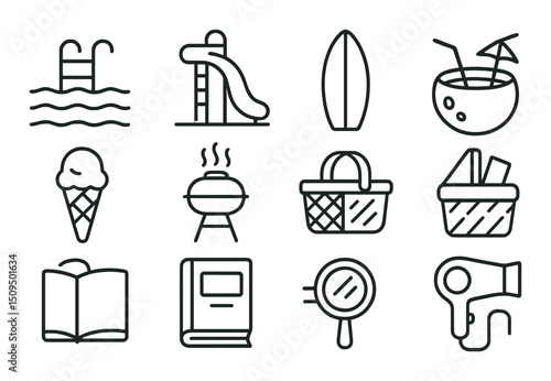 Summer and reading line icons set – leisure, beauty and relaxation symbols