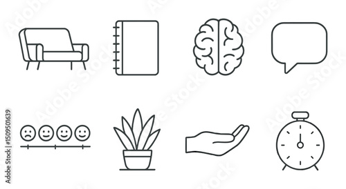 Therapy and counseling outline icons set – mental health, wellness symbols