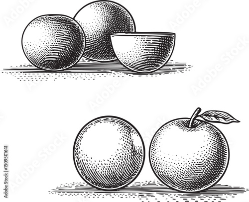 Two oranges rest on a textured surface one halved to reveal its segments.