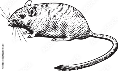 stylized detailed of a gray rodent poised on its hind legs.