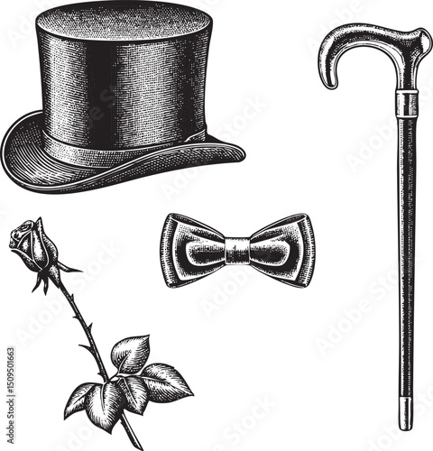 vintage depicts a top hat bow tie cane and rose.