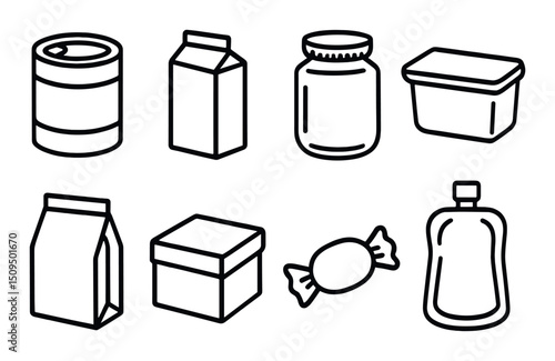 Minimalist food outline icons set – packaging, container and grocery symbols