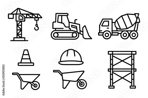 Construction and building outline icons set – tools, equipment and machinery symbols