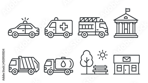 Public services silhouette icons set – government, emergency, municipal symbols