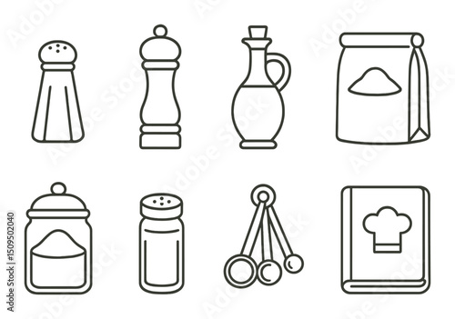 Cooking essentials outline icons set – kitchen, culinary tools and ingredient symbols