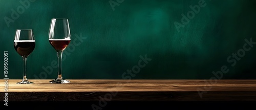 Two Glasses of Red Wine on Wooden Table Green Background