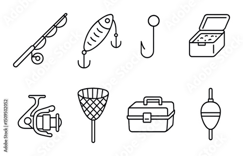 Fishing silhouette icons set – outline, angling and equipment symbols