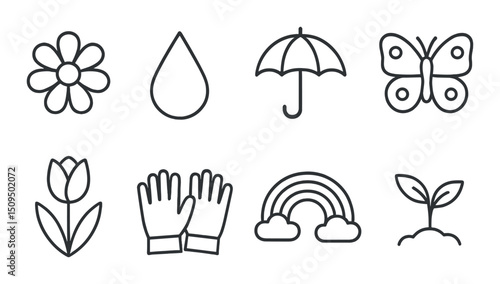 Spring outline icons set – nature, floral, seasonal symbols for gardening and weather