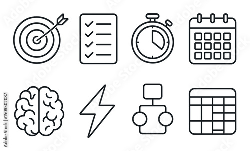 Productivity and task management line icons set – outline, efficiency, organization symbols