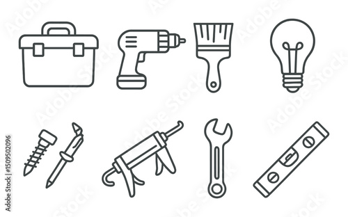 Diy repair tools line icons set – outline, maintenance and handyman equipment graphics