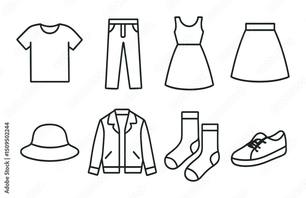 Fashion and apparel linear icons set – outline, clothing and wardrobe design symbols Fashion and apparel linear icons set – outline, clothing and wardrobe design symbols