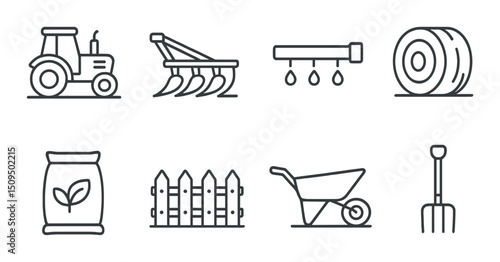 Farming and agriculture linear icons set – outline, farming tools and equipment symbols