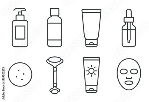 Skincare essentials icons set - outline, beauty, facial care symbols for wellness