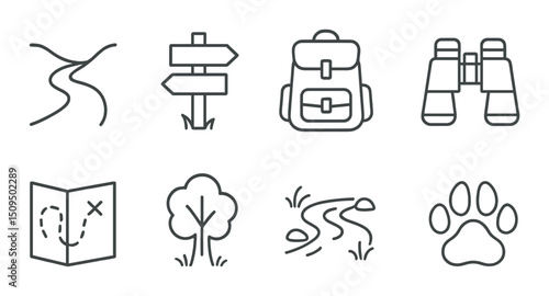 Nature explorer outline icons set – adventure, wilderness exploration graphics