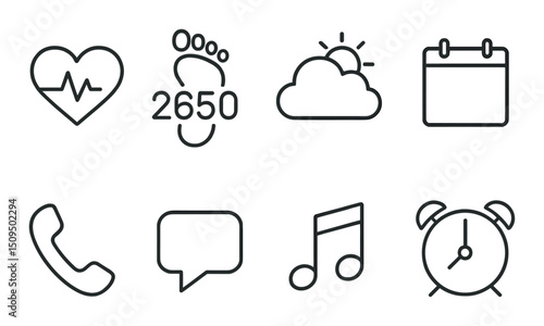 Minimalist smartwatch linear icons set – outline style, fitness and tech symbols