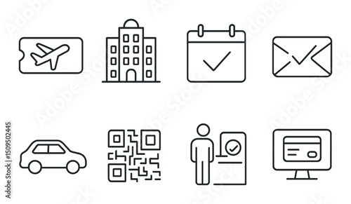 Travel booking line icons set – silhouette, itinerary and reservation symbols