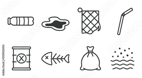Ocean pollution outline icons set – marine environment, waste and ecological symbols