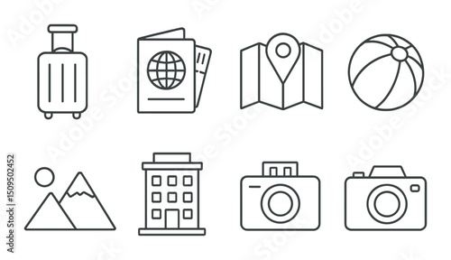 Holiday and travel silhouette icons set – adventure, vacation, getaway visuals