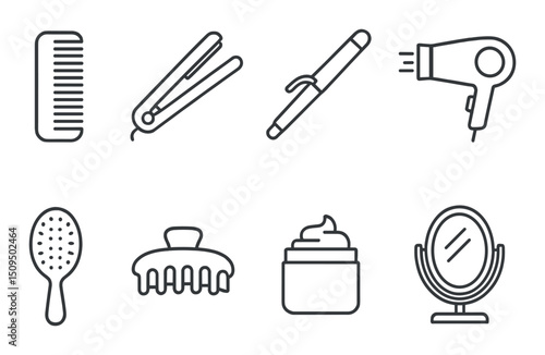 Hair care linear icons set – silhouette, styling tools and grooming essentials