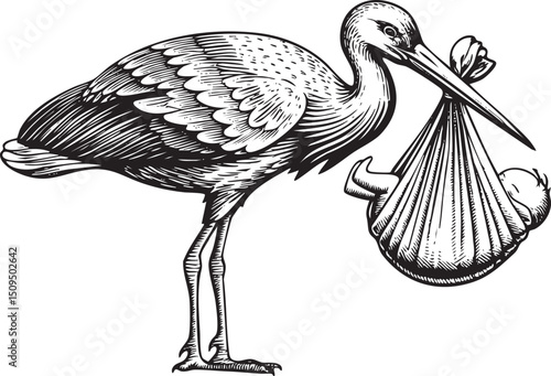 stork carefully carries a newborn baby in a woven basket.