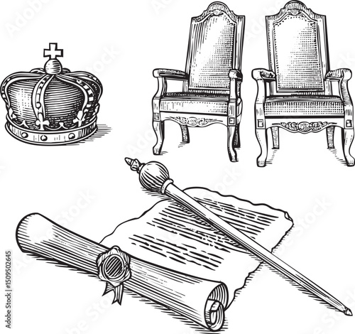 regal crown and ornate chair sit alongside a rolled document and scepter.