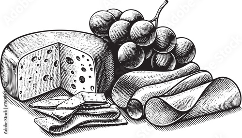 rustic displays a wheel of cheese grapes and cured meat on a white tablecloth.