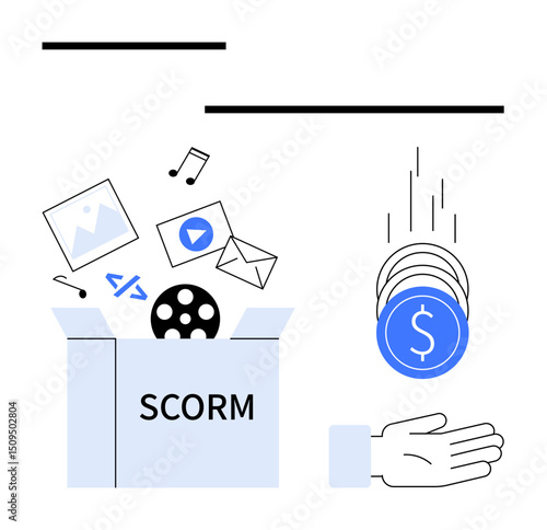 SCORM-labeled box with digital assets thumbs up images, code, and media coins dropping into hand. Ideal for e-learning, content creation, monetization, education, digital marketing, business simple