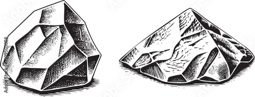 Two crystalline shapes rest on a dark surface.