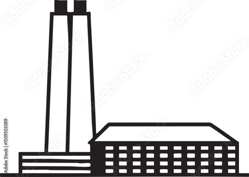 stark linear building rises vertically against a white background.