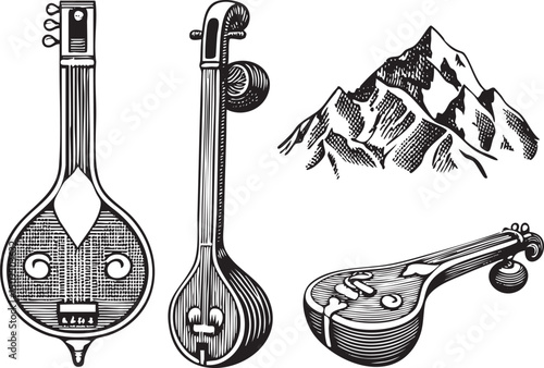 Two stringed instruments and a mountain silhouette are presented in black and white.