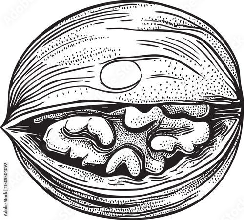 halved walnut reveals a tightly packed arrangement of dark brown nut pieces.