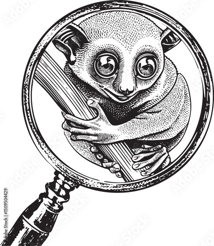 small primate peers through a vintage magnifying glass.